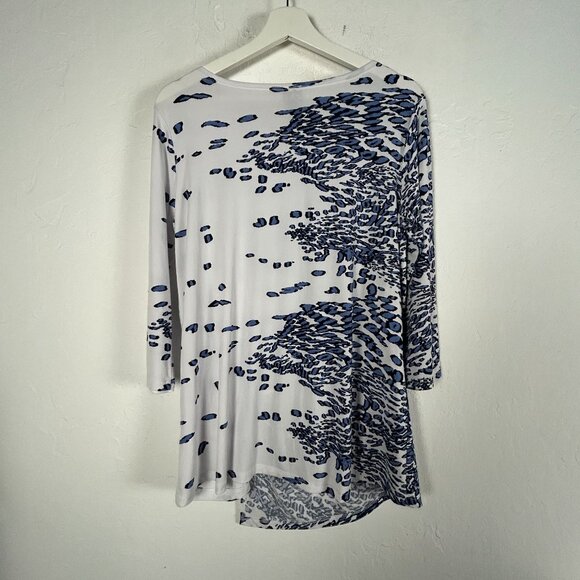 Clara Sunwoo Womens Blue White Abstract Leopard 3/4 Sleeve Twist Tunic Top Small - Picture 2 of 6